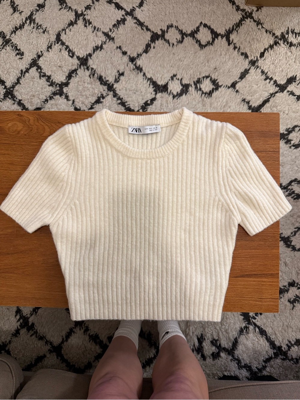 ZARA Cream Ribbed Short Sleeve Knit Top